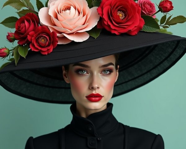 Model in Oversized Black Hat with Vibrant Roses