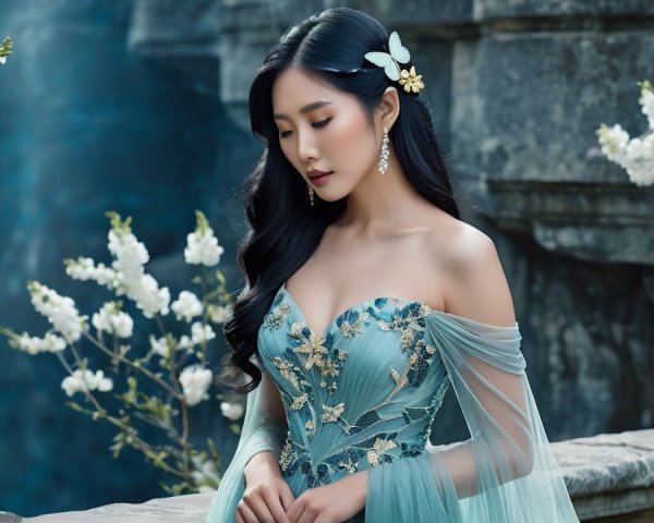 Asian Woman in Teal Dress with Floral Accents