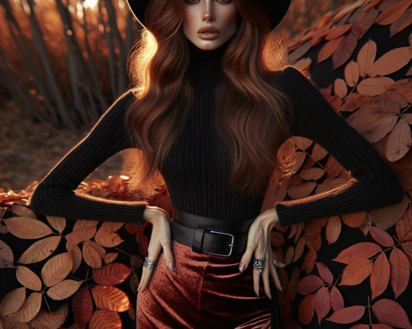 Model in Autumn Leaves with Black Turtleneck and Skirt