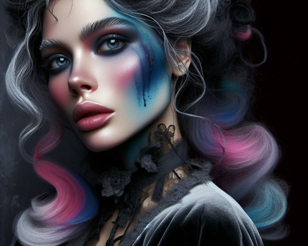 Portrait of a Woman with Dramatic Makeup and Flowers