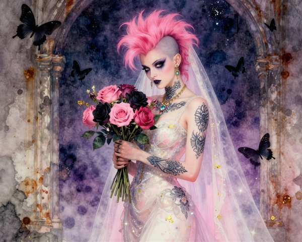 Gothic Bride in Watercolor with Punk Aesthetic Details