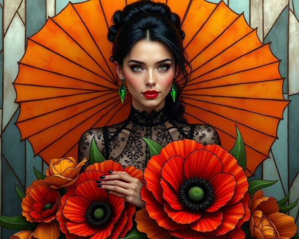 Elegant Woman in Black Lace with Orange Poppies