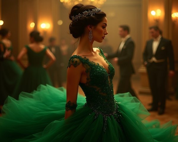 Elegant Woman in Emerald Gown at Lavish Ballroom