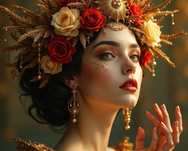 Close-Up Portrait of Woman with Golden Headpiece and Roses