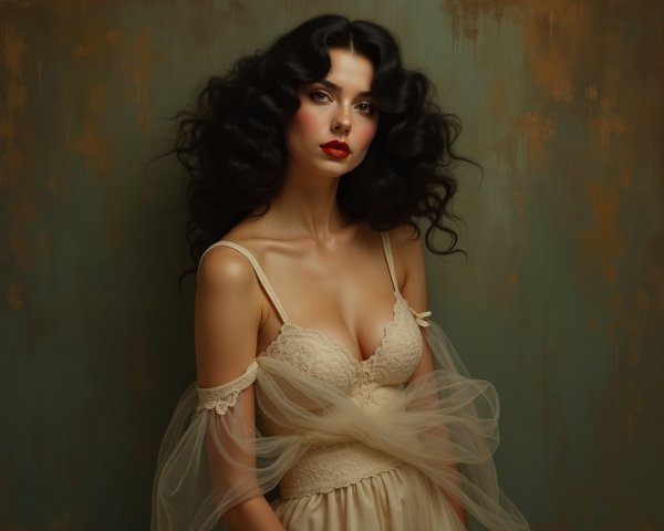 Elegant Woman in Lace Camisole with Dark Wavy Hair