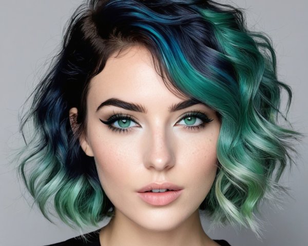 Portrait of a Person with Wavy Hair in Blue and Green