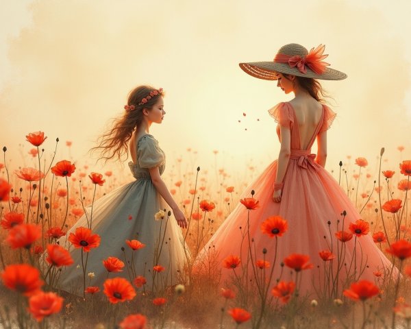 Girls in Coral and Blue Dresses in Poppy Field at Dusk