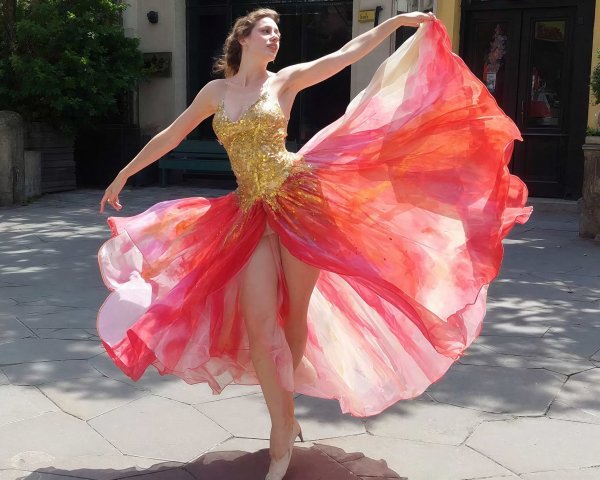 Graceful Woman in Vibrant Sequined Outfit on Patio