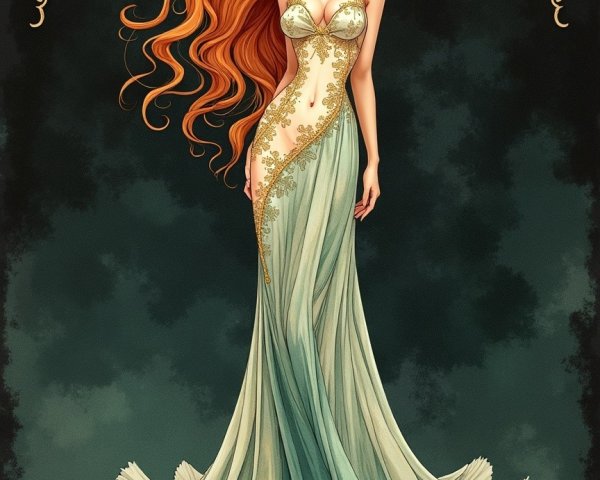 Elegant Woman in Flowing Red Hair and Green Gown