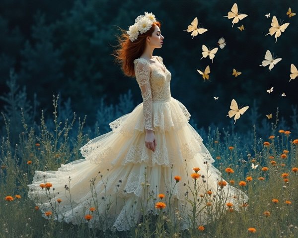 Young Woman in Lace Gown Surrounded by Butterflies