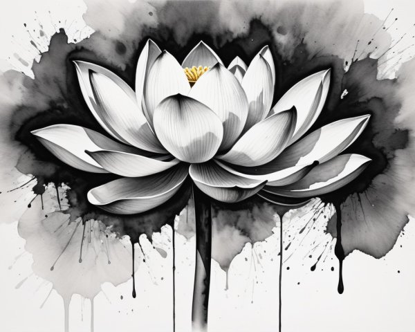 White Lotus Flower with Abstract Ink Splashes