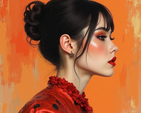 Profile of Young Woman with Bold Makeup and Red Attire