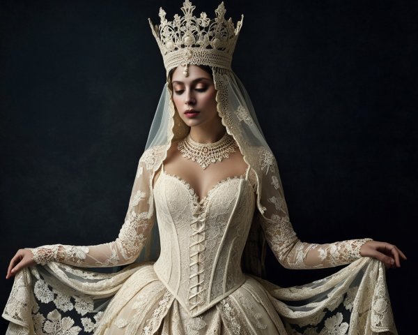 Regal figure in an elaborate gown and crown