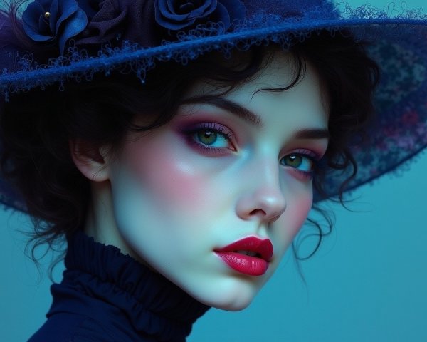 Young woman in wide-brimmed hat with green eyes