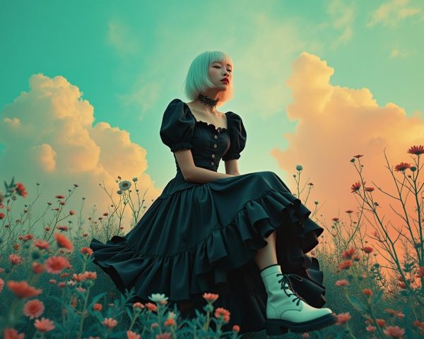 Girl in a dark dress amidst a colorful flower field