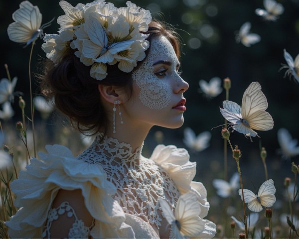 Young woman in lace with butterflies and face paint