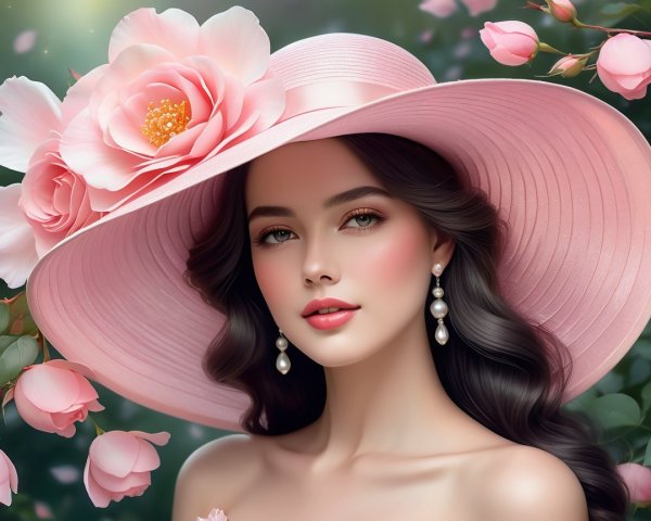 Young woman in elegant pink hat with floral details