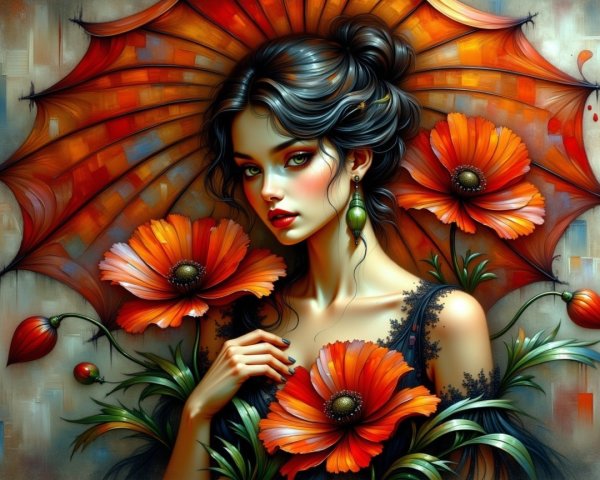Portrait of a Woman with Orange Umbrella and Poppies