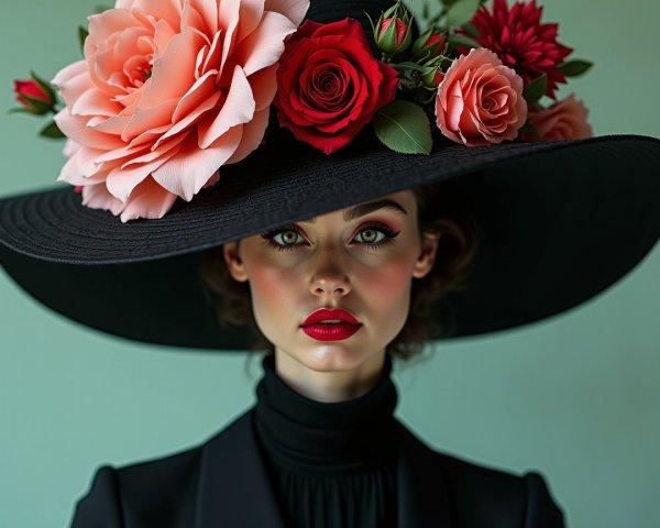 Portrait of a Woman in Black Hat with Roses