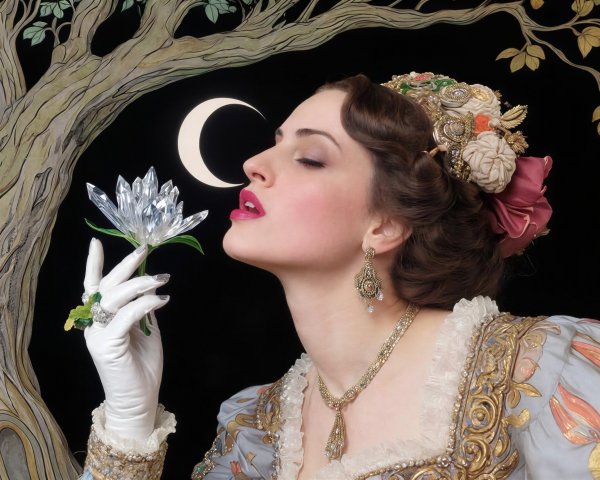 Profile of a Woman in Baroque Gown with Crystal Flower