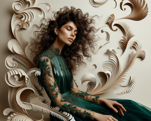 Elegant figure in green gown with intricate embroidery