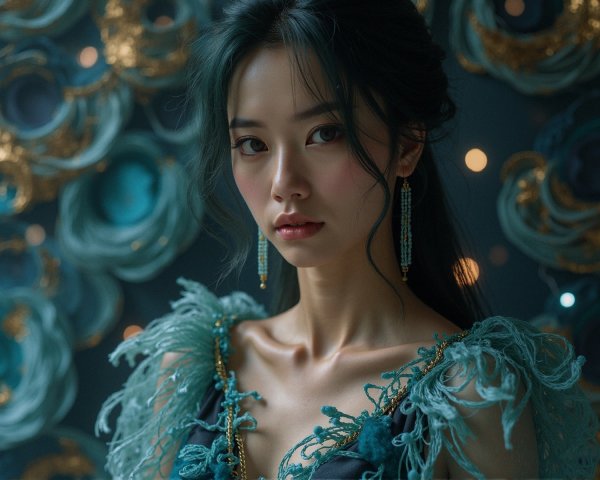 Young woman in elegant dress with floral backdrop