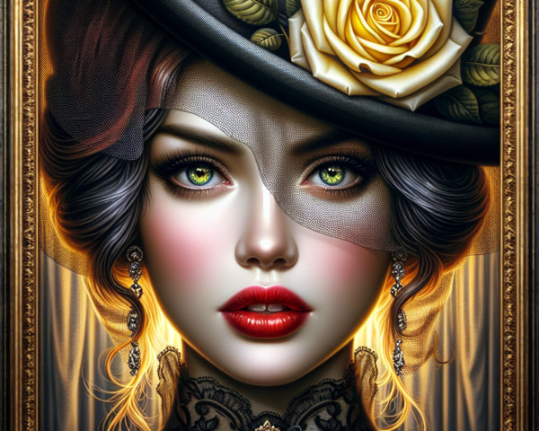 Elegant Woman with Green Eyes and Black Hat