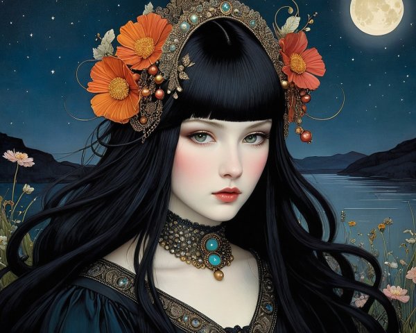 Portrait of a Young Woman with Flowers and Moonlight