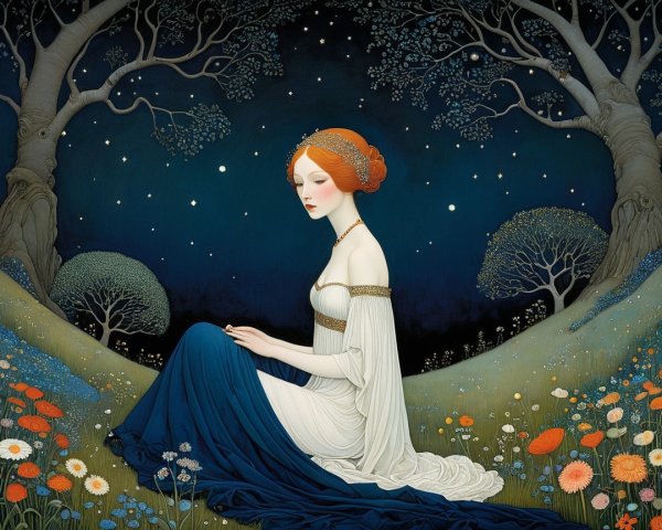 Serene Figure in Enchanted Night Landscape