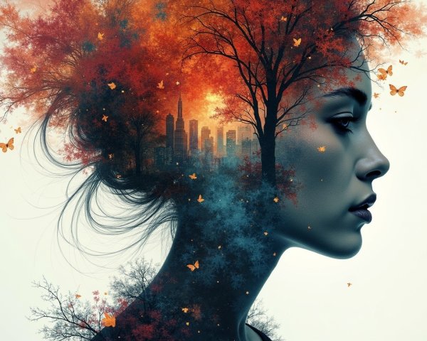 Profile of a woman with autumn trees and skyline