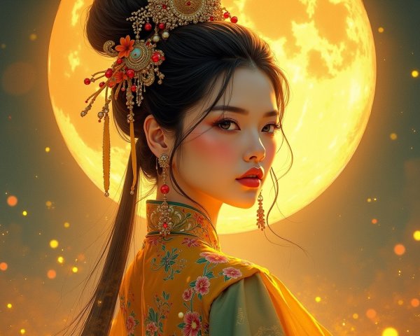 Young woman in traditional dress under full moonlight