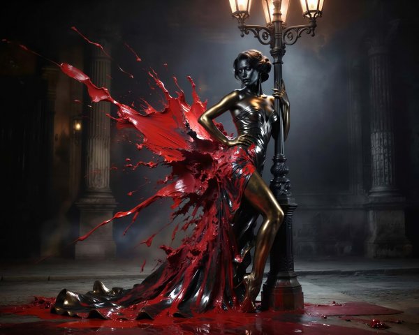 Gold and Black Mannequin with Red Liquid Gown and Lamp