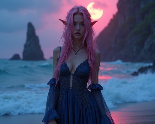 Enchanting Elf by Shoreline Under Pink Moonlight
