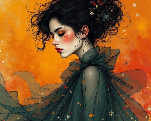 Profile of a woman in a floral-adorned gown