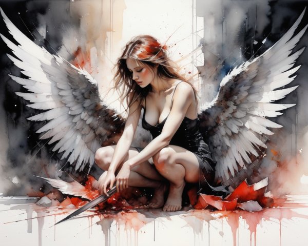 Watercolor depiction of a female angel in distress