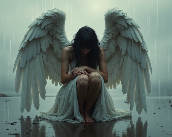 Solitary Figure with White Wings on Rainy Shoreline