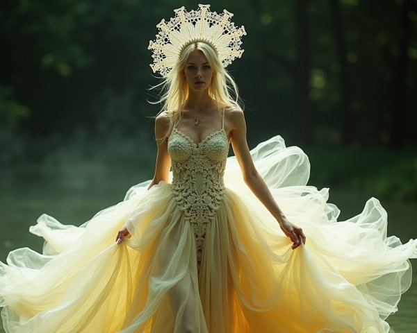 Woman in Yellow Gown by Misty Lake with Crown Headpiece