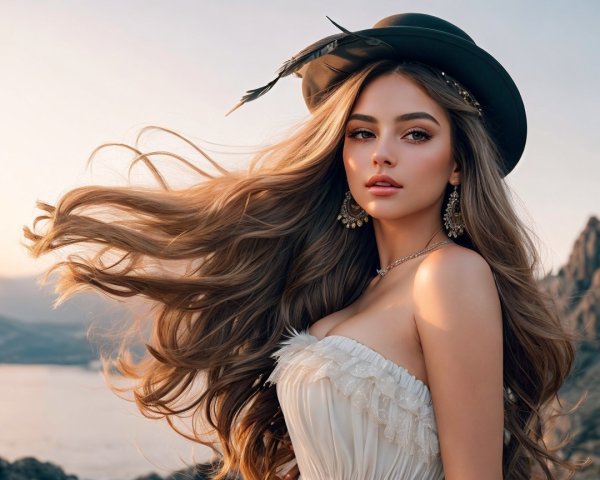 Young Woman in White Dress Against Scenic Backdrop