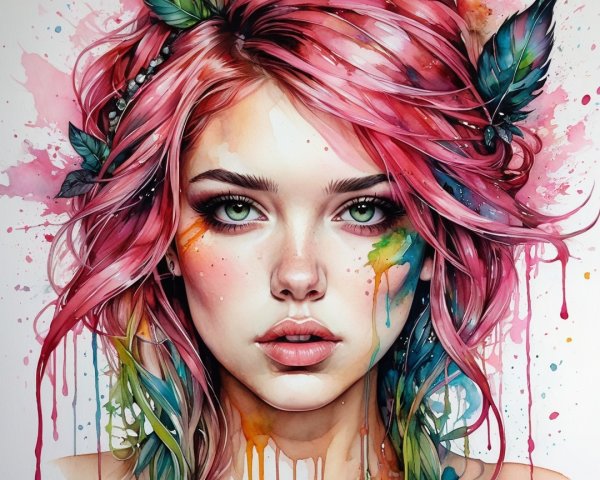 Portrait of a Young Woman with Pink Hair and Nature Elements