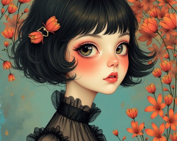 Portrait of a Girl with Dark Hair and Orange Flowers
