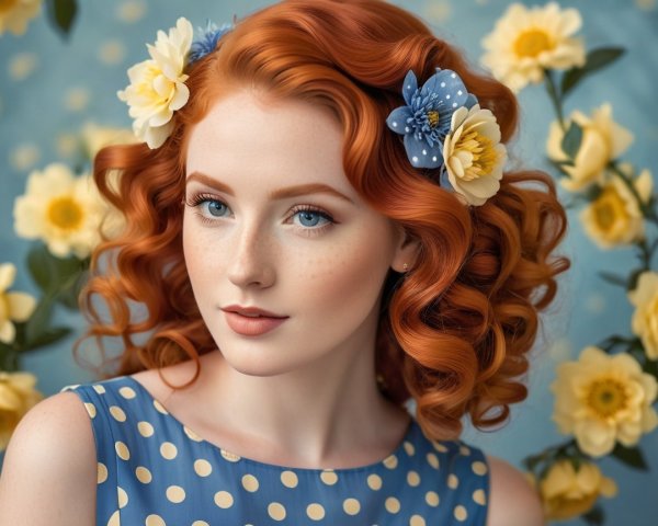 Young Woman with Red Hair Surrounded by Flowers
