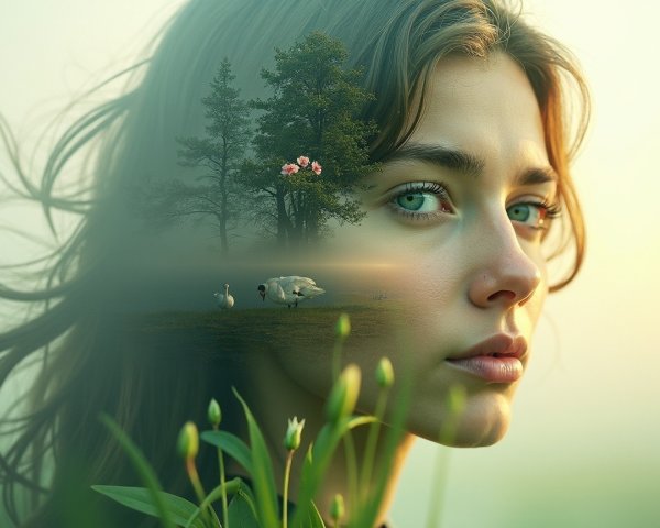 Serene Woman with Green Eyes in Natural Landscape
