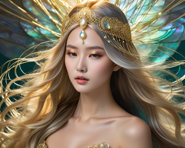 Close-up portrait of a young woman in golden attire