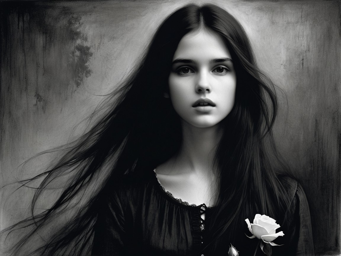 Portrait of a Young Woman with Black Hair and Rose