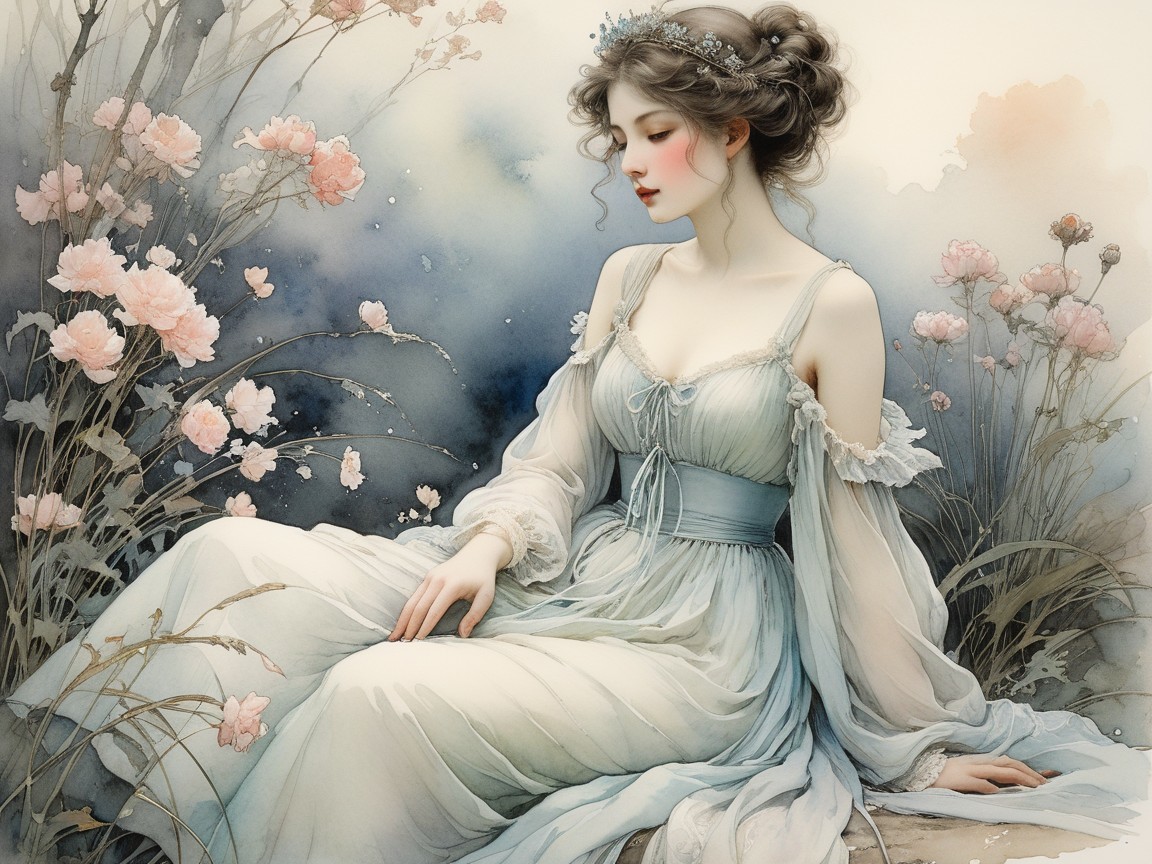 Serene Woman in Pale Blue Gown Among Pink Flowers