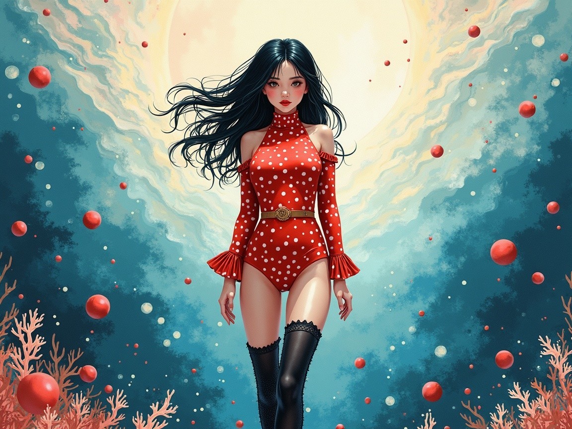 Digital Illustration of Woman in Surreal Underwater Scene