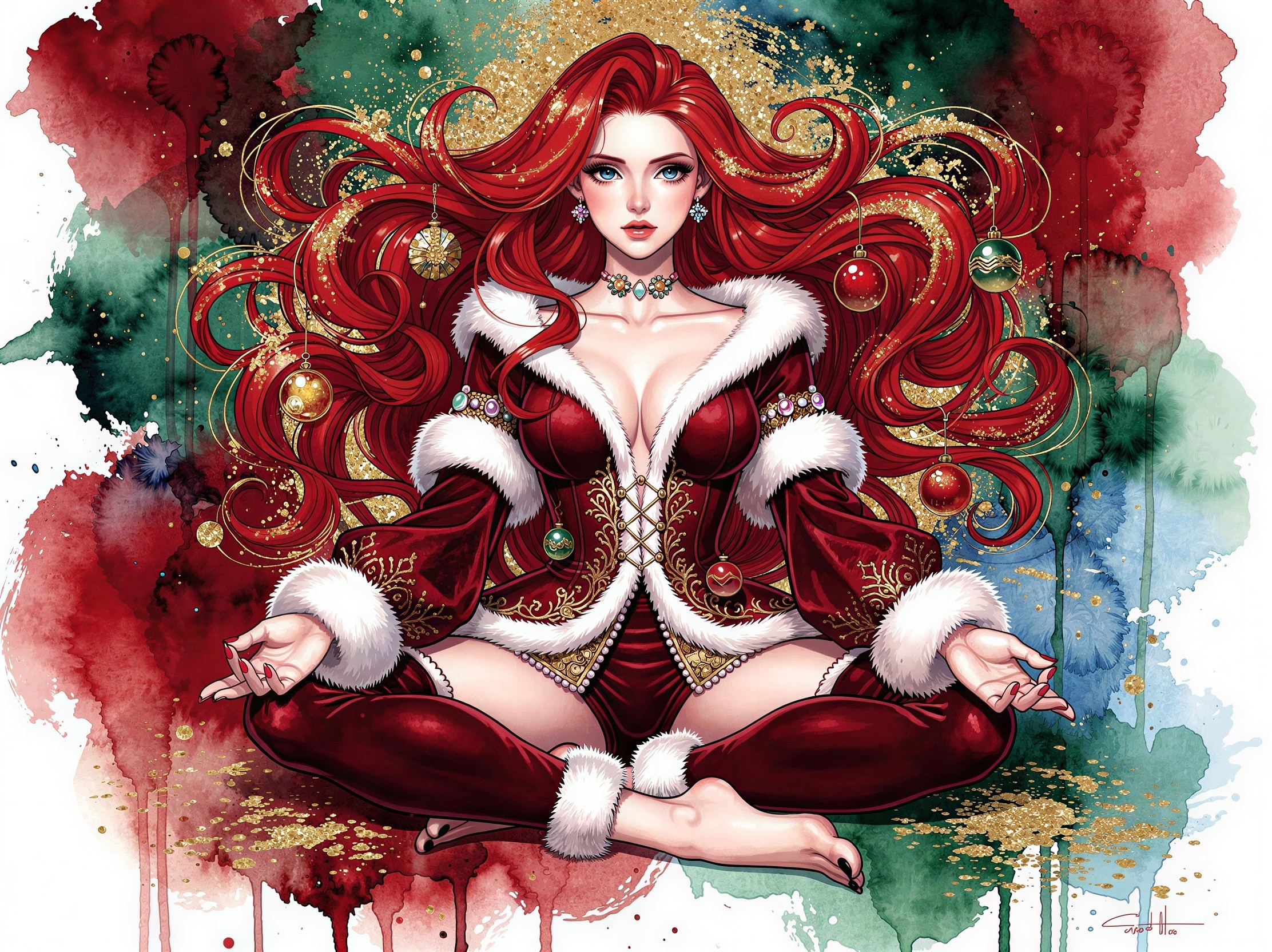 Anime-Style Digital Painting of a Woman in Santa Outfit