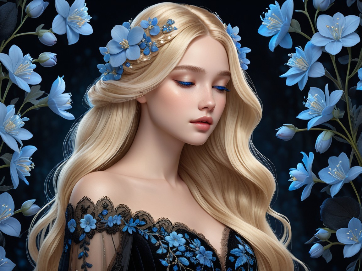 Young Woman in Black Dress with Blue Floral Accents