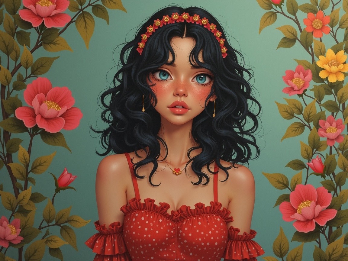 Young Woman with Curly Hair in Floral Setting