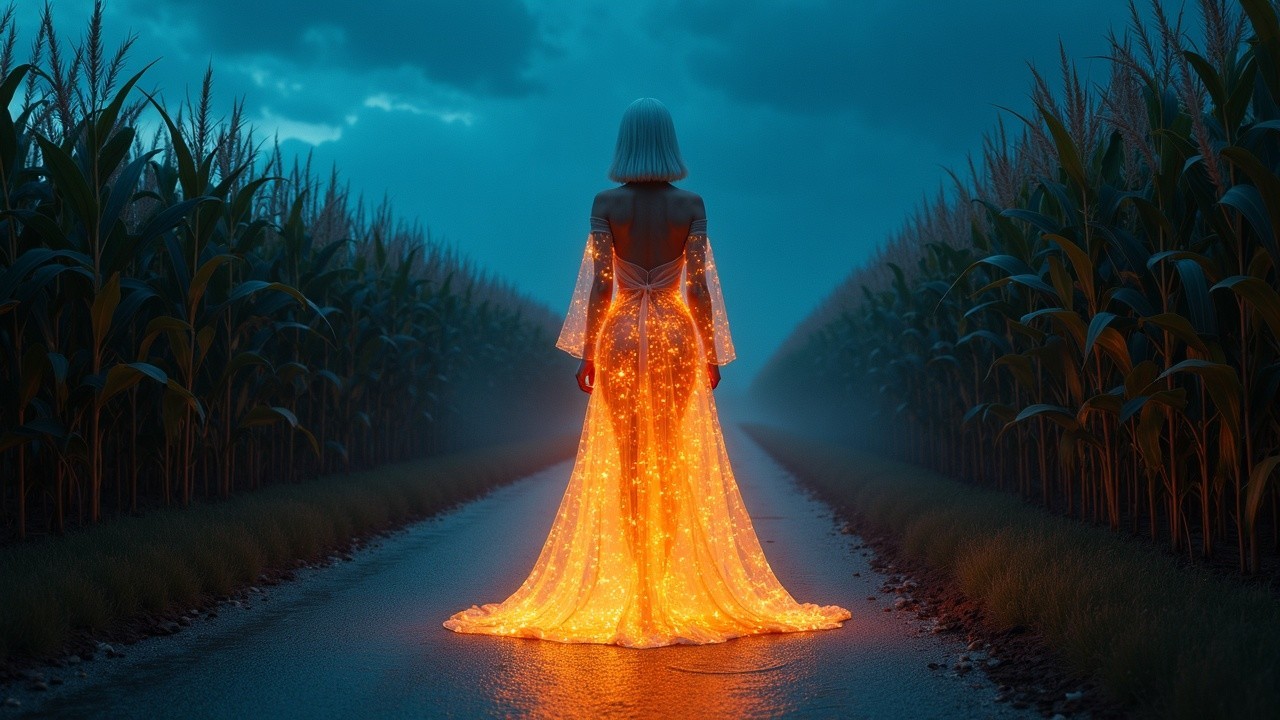 Mystical Figure in Foggy Cornfield with Shimmering Gown